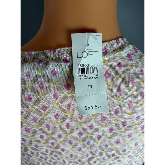 LOFT Ann Taylor Cardigan Sweater Medium M NWT Diamond Print Ramie Rayon White. - Picture 7 of 12